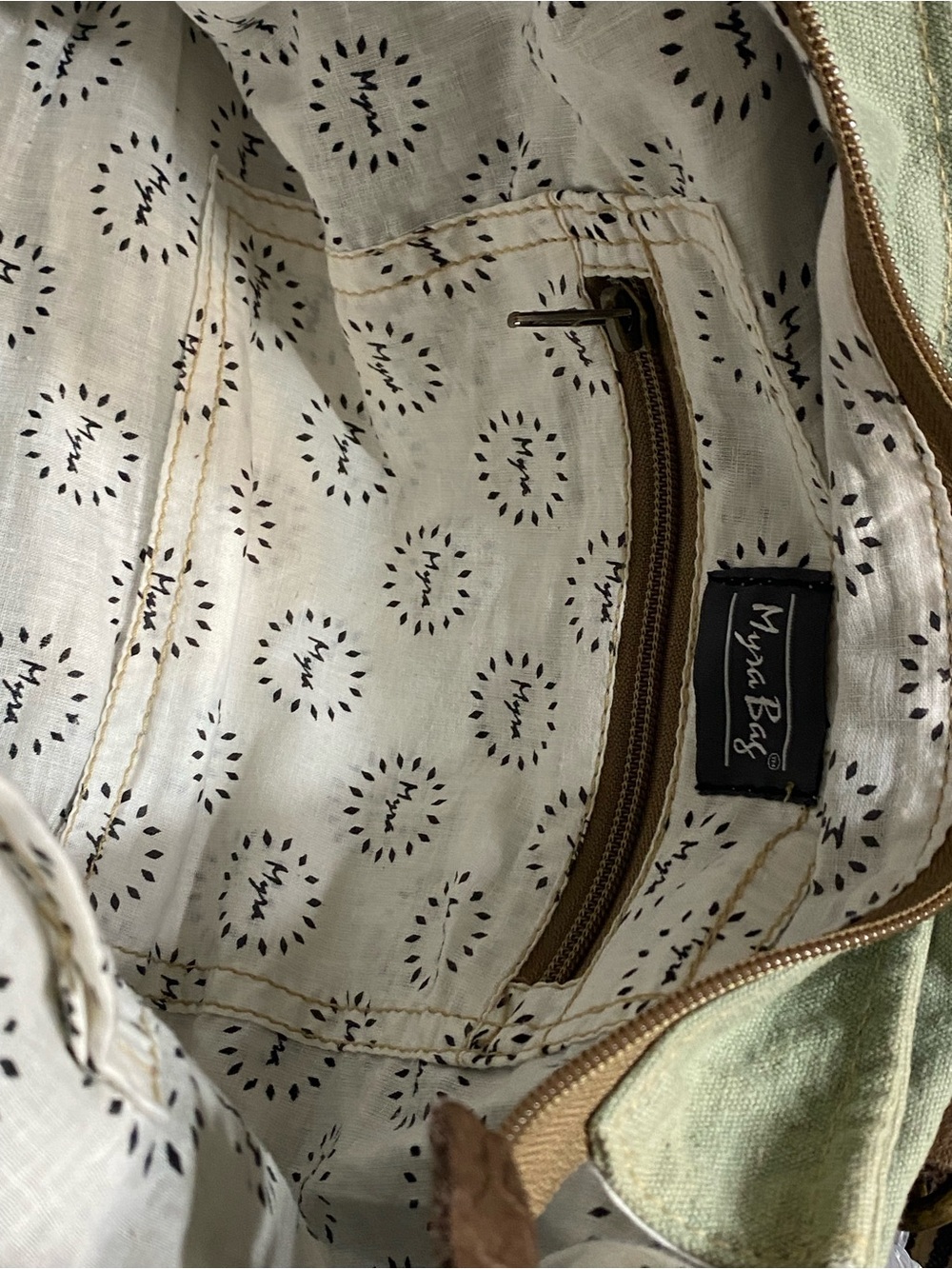 Myra Bag Sage Green Canvas Shoulder Bag with Brown Straps - Picture 3 of 3